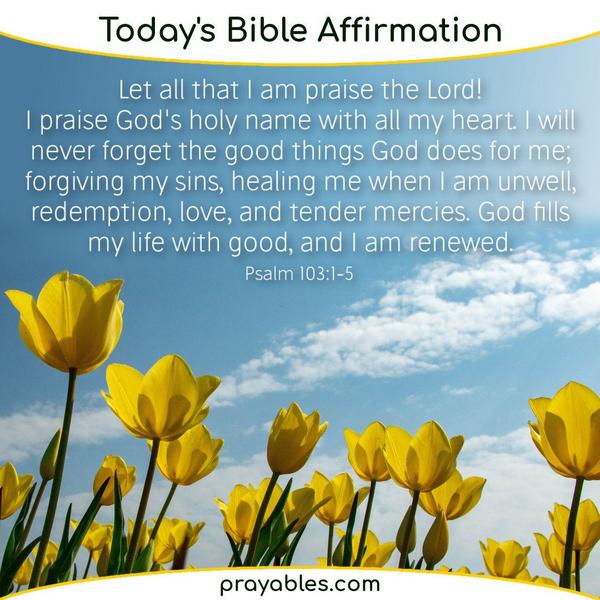 Psalms 103:1-5 Let all that I am praise the Lord! I praise God's holy name with all my heart. I will never forget the good things God does for
me; forgiving my sins, healing me when I am unwell, redemption, love, and tender mercies. God fills my life with good, and I am renewed.