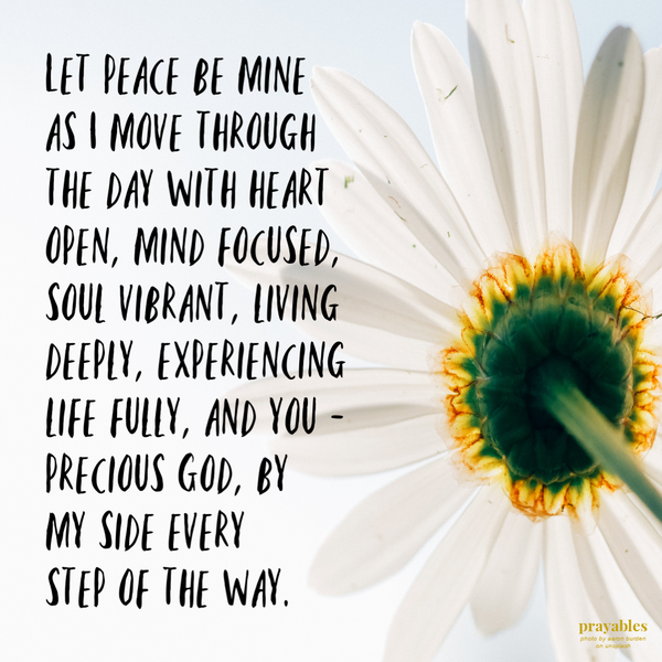 Let peace be mine as I move through the day with heart open, mind focused, soul vibrant, living deeply, experiencing life fully, and you – precious God, by my side every step of the way.