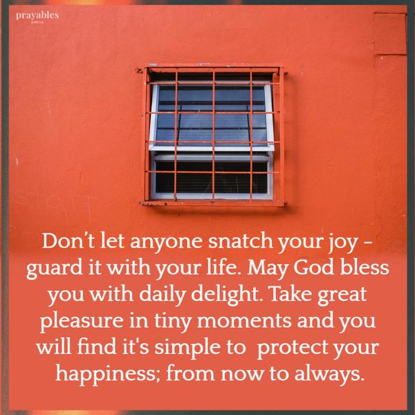Don’t let anyone snatch your joy – guard it with your life. May God bless you with daily delight. May you take great pleasure in tiny moments and you will find it’s simple to
protect your happiness from now to always.