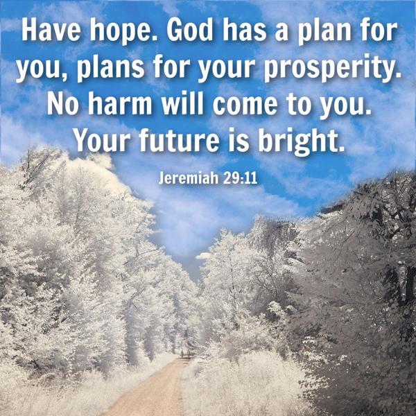 Jeremiah 29:11 Have hope, God has a plan for you. Plans for your prosperity. No harm will come to you, your future is bright.