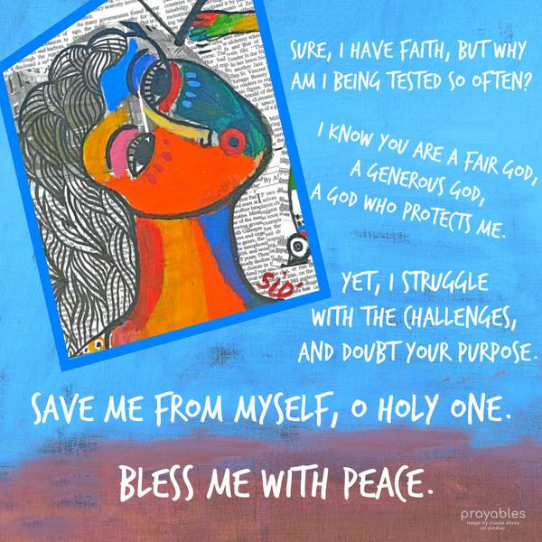 Sure, I have faith, but why am I being tested so often? I know You are a fair God, a generous God, a God who protects me. Yet, I struggle with the challenges and doubt Your purpose. Save
me from myself, O Holy One. Bless me with peace.