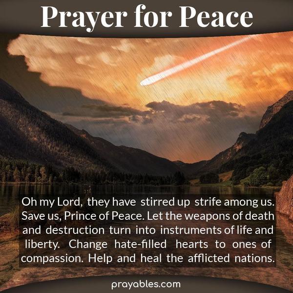 Oh my Lord, they have stirred up strife among us. Save us, Prince of Peace. Let the weapons of death and destruction turn into instruments of
life and liberty. Change hate-filled hearts to ones of compassion. Help and heal the afflicted nations.