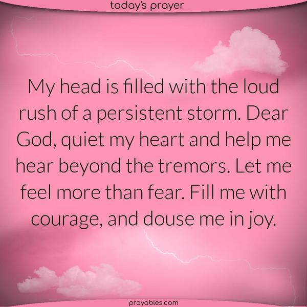 My head is filled with the loud rush of a persistent storm. Dear God, quiet my heart and help me hear beyond the tremors. Let me feel more than fear. Fill me with courage, and
douse me in joy.