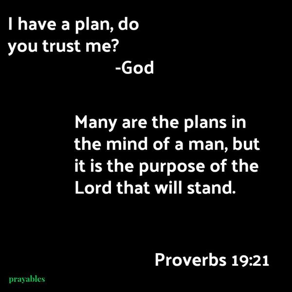 Proverbs 19:21 I have a plan, do you trust me? -God Many are the plans in the mind of a man, but it is the purpose of the Lord that will stand.