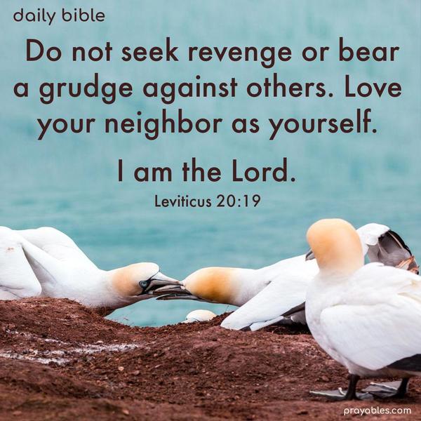 Do not seek revenge or bear a grudge against others. Love your neighbor as yourself. I am the Lord. Leviticus 20:19