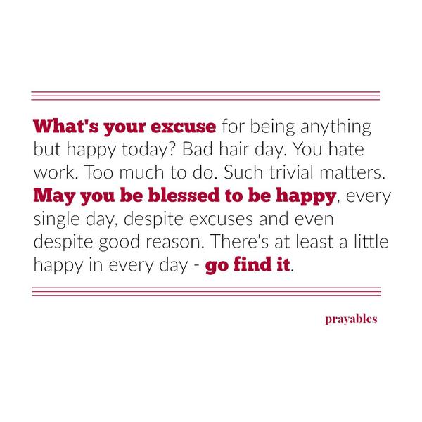 What’s your excuse for being anything but happy today? Bad hair day. You hate work. Too much to do. Such trivial matters. May you be blessed to be happy, every single day, despite excuses and even despite good reason. There’s at
least a little happy in every day – go find it.