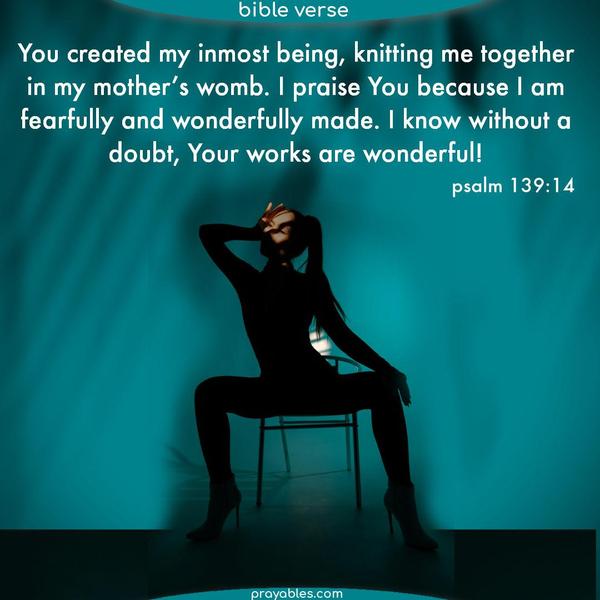 Psalm 139:14 You created my inmost being, knitting me together in my mother’s womb. I praise You because I am fearfully and wonderfully made. I know without a doubt, Your works are wonderful!