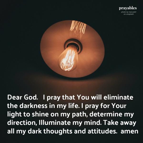 Dear God. I pray that You will eliminate the darkness in my life. I pray for Your light to shine on my path, determine my direction, Illuminate my mind. Take away all my dark thoughts and attitudes. amen