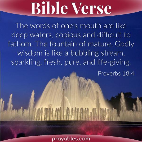 Proverbs 18:4 The words of one's mouth are like deep waters, copious and difficult to fathom. The fountain of mature, Godly wisdom is like a
bubbling stream, sparkling, fresh, pure, and life-giving.