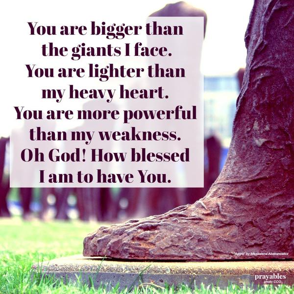 You are bigger than the giants I face. You are lighter than my heavy heart. You are more powerful than my weakness. Oh God! How blessed I am to have You.