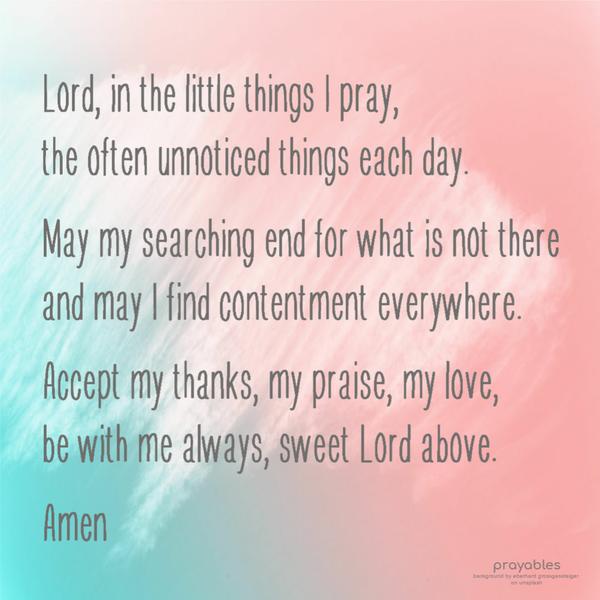 Lord, in the little things I pray, the often unnoticed things each day. May my searching end for what is not there, and may I find contentment everywhere. Accept my thanks,
my praise, my love, be with me always sweet Lord above.