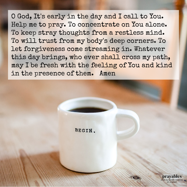 O God, It’s early in the day and I call to You. Help me to pray. To concentrate on You alone. To keep stray thoughts from a restless mind. To will trust from my body’s deep corners. To let forgiveness come streaming in. Whatever this day
brings, who ever shall cross my path, may I be fresh with the feeling of You and kind in the presence of them. Amen