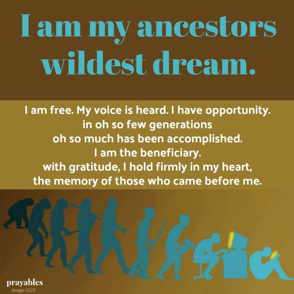 I am my ancestors wildest dreams. I am free. My voice is heard. I have opportunity. in oh so few generations oh so much has been accomplished. I am the beneficiary.  with gratitude, I holding firmly in my heart, the memory of those
who came before me.