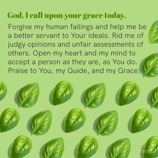 God, I call upon your grace today. Forgive my human failings and help me be a better servant to Your ideals. Rid me of judgy opinions and unfair assessments of others. Open my heart and my
mind to accept a person as they are, as You do. Praise to You, my Guide, and my Grace.