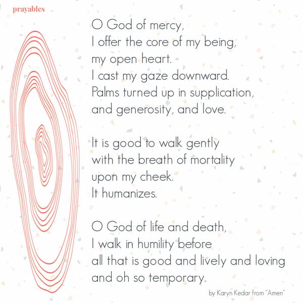 O God of mercy, I offer the core of my being, my open heart. I cast my gaze downward. Palms turned up in supplication, and generosity, and love. It is good to walk gently
with the breath of mortality upon my cheek. It humanizes. O God of life and death, I walk in humility before all that is good and lively and loving and oh so temporary.