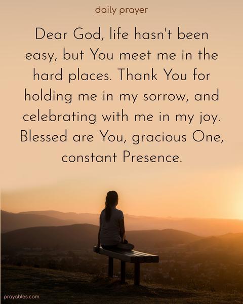 Dear God, life hasn't been easy, but You meet me in the hard places. Thank You for holding me in my sorrow, and celebrating with me in my joy. Blessed are You, gracious One, constant Presence.