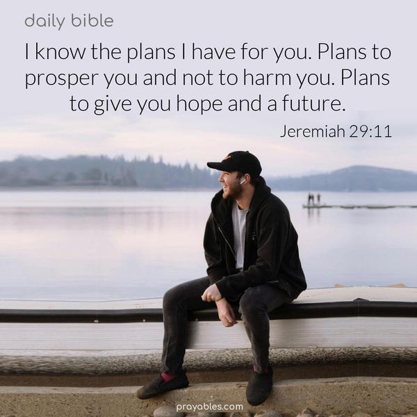 I know the plans I have for you. Plans to prosper you and not to harm you. Plans to give you hope and a future. Jeremiah 29:11