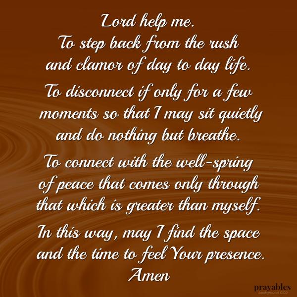 Lord help me. To step back from the rush and clamor of day to day life. To disconnect if only for a few moments so that I may sit quietly and do nothing but breathe. To connect with the wellspring of peace that comes only through
that which is greater than myself. In this way, may I find the space and the time to feel Your presence. Amen