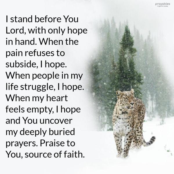 I stand before You Lord, with only hope in hand. When the pain refuses to subside, I hope. When the people in my life struggle, I hope. When my heart feels
empty, I hope and You uncover my deeply buried prayers. Praise to You, source of faith.