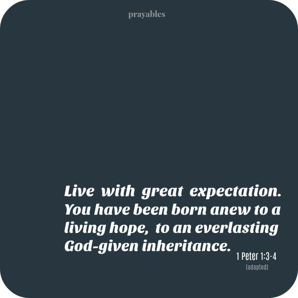 1 Peter 1:3-4 Live with great expectation. You have been born anew to a living hope, to an everlasting God-given inheritance.