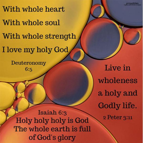 Live in wholeness, a holy and godly life. 2 Peter 3:11 Deuteronomy 6:5 With whole heart, with whole soul, with whole strength, I love the wholeness of God.
Holy, holy, holy is God. The whole earth is full of God's glory. Isaiah 6:3