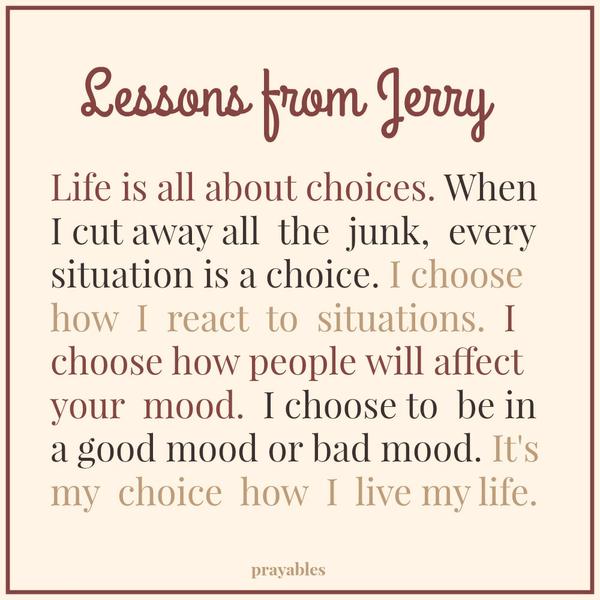 Life is all about choices. When I cut away all the junk, every situation is a choice. I choose how I react to situations. I choose how people will affect your mood. I choose to be in a good mood or bad mood. It’s my choice how I
live my life.