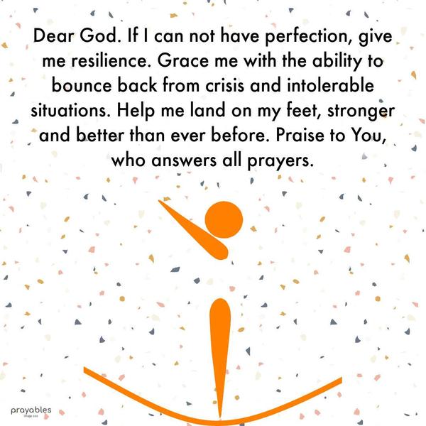 Dear God. If I can not have perfection, give me resilience. Grace me with the ability to bounce back from crisis and intolerable situations. Help me land on my feet, stronger and better
than ever before. Praise to You, who answers all prayers.