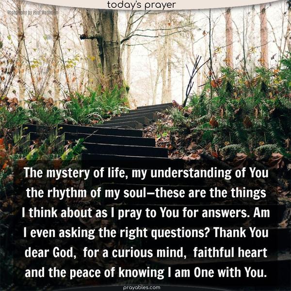 The mystery of life, the understanding of You, the rhythm of my soul. These are the things I think about as I pray to You for answers. Am I even asking the right questions? Thank You, dear God, for a curious mind, faithful heart, and the peace I feel knowing I am One with You.