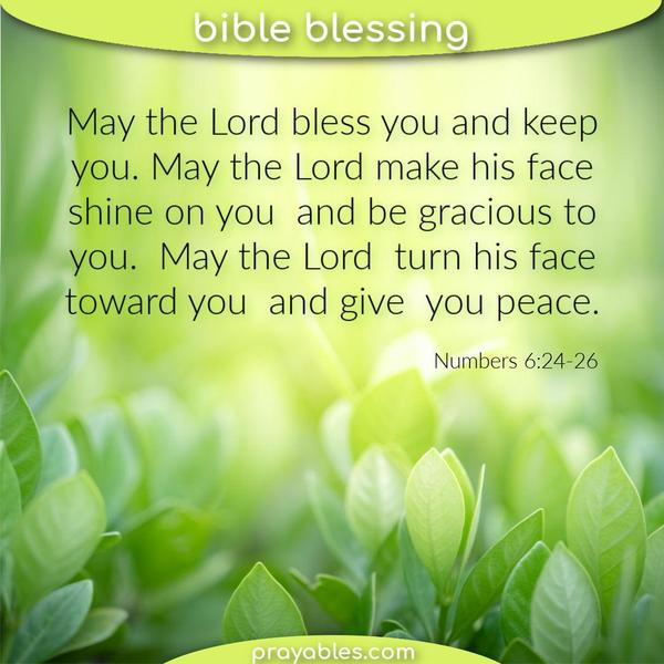 Numbers 6:24-26 May the Lord bless you and keep you; the Lord make his face shine on you and be gracious to you; the Lord turn his face toward you and give you peace.