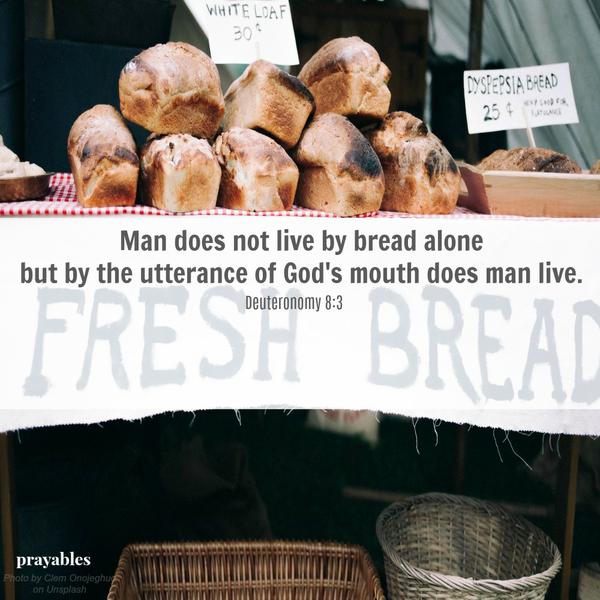 Deuteronomy 8:3 Man does not live by bread alone, but by the utterance of God's mouth does man live. 