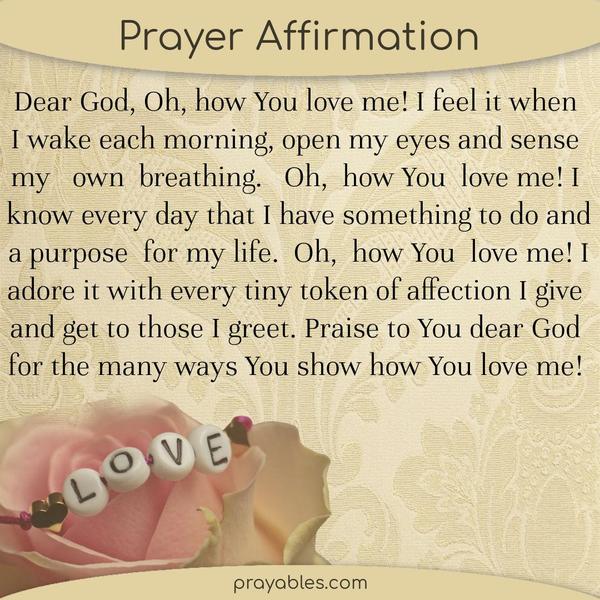 Dear God, Oh, how You love me! I feel it when I wake each morning, open my eyes and sense my own breathing. Oh, how You love me! I know every
day that I have something to do and a purpose for my life. Oh, how You love me! I adore it with every tiny token of affection I give and get to those I greet. Praise to You dear God for the many ways You show how You love me! 