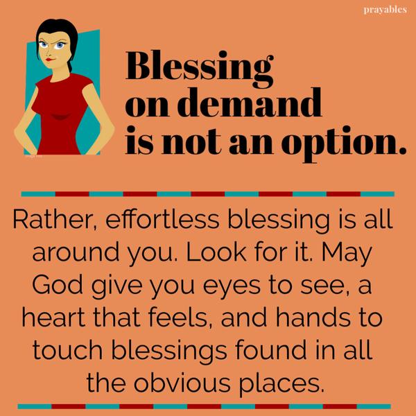 Blessing on demand is not an option. Rather, effortless blessing is all around you. Look for it. May God give you eyes to see, a heart that feels, and hands to touch
blessings found in all the obvious places.