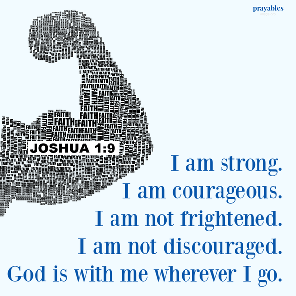 Joshua 1:9  I am strong. I am courageous. I am not frightened. I am not discouraged. God is with me wherever I go.