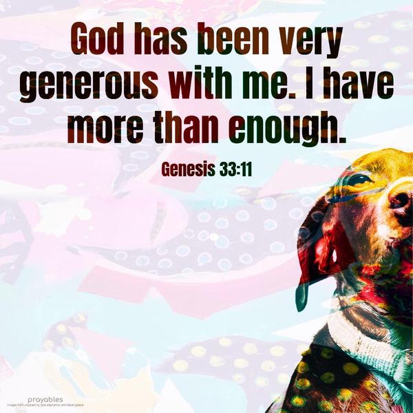 Genesis 33:11 God has been very generous with me. I have more than enough.