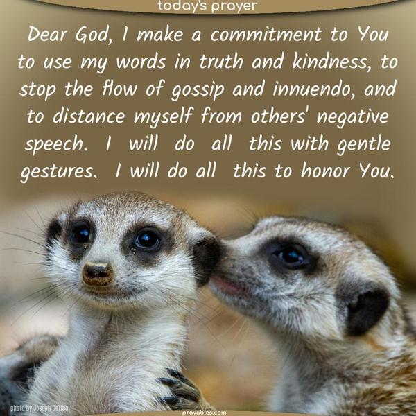 Dear God, I make a commitment to You to use my words in truth and kindness, to stop the flow of gossip and innuendo, and to distance myself from others' negative speech. I will do all this with gentle gestures. I will do all this to honor You.