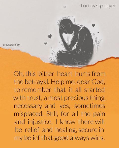 Oh, this bitter heart hurts from the betrayal. Help me, dear God, to remember that it all started with trust, a precious thing, necessary and yes, sometimes misplaced. Still, for all the pain and injustice, I know there will be relief and healing, secure in my belief that good always wins.