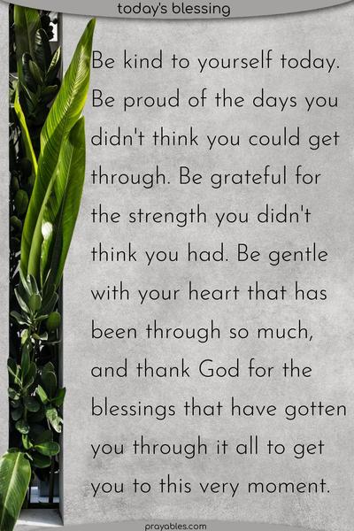 Be kind to yourself today. Be proud of the days you didn't think you could get through. Be grateful for the strength you didn't think you had. Be gentle with your heart that has been through so much, and thank God for the blessings that have gotten you through it all to get you to this very moment.