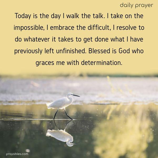 Today is the day I walk the talk. I take on the impossible, I embrace the difficult, I resolve to do whatever it takes to get done what I have previously left unfinished. Blessed is God who graces me with determination.