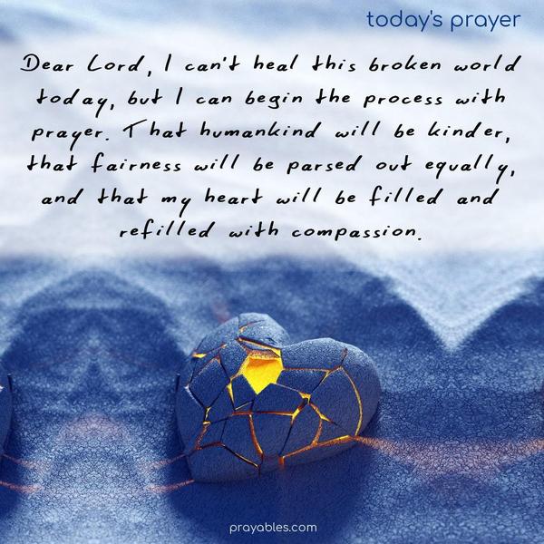 Dear Lord, I can’t heal this broken world today, but I can begin the process with prayer. That humankind will be kinder, that fairness will be parsed out equally, and that my heart will be filled and refilled with compassion.