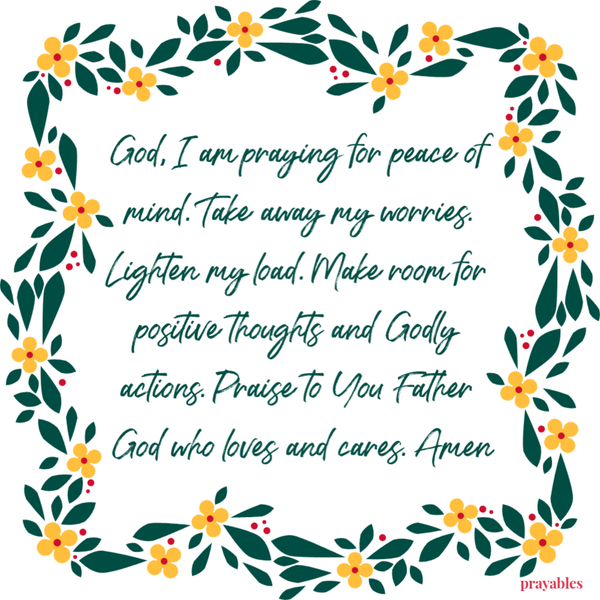 God, I am praying for peace of mind. Take away my worries. Lighten my load. Make room for positive thoughts and Godly actions. Praise to You Father God who loves and cares. Amen