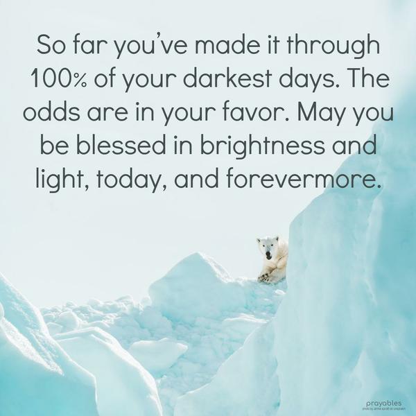 So far you’ve made it through 100% of your darkest days. The odds are in your favor. May you be blessed by brightness and light, today, and forevermore.