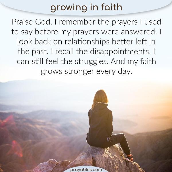 Praise God. I remember the prayers I used to say before my prayers were answered. I look back on relationships better left in the past. I
recall the disappointments. I can still feel the struggles. And my faith grows stronger every day.