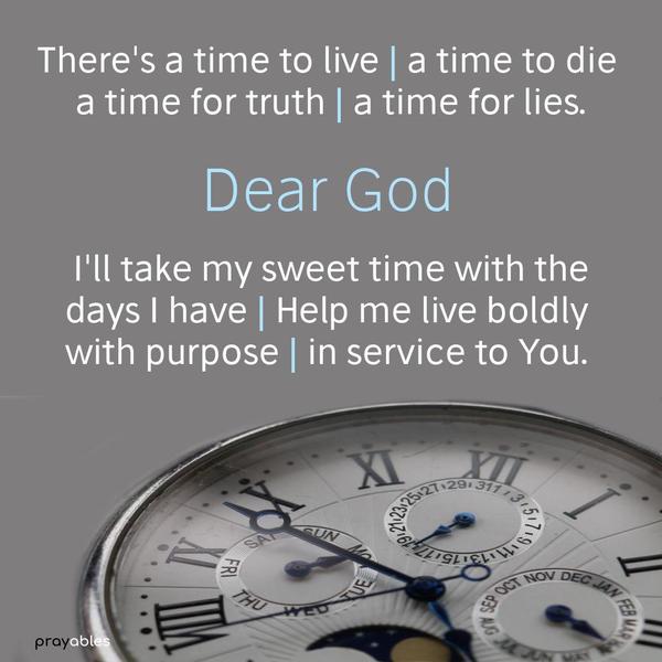 There’s a time to live, a time to die, a time for truth, and a time for lies. Dear God, I’ll take my sweet time with the days I have. Help me live boldly with purpose and in service to
You.