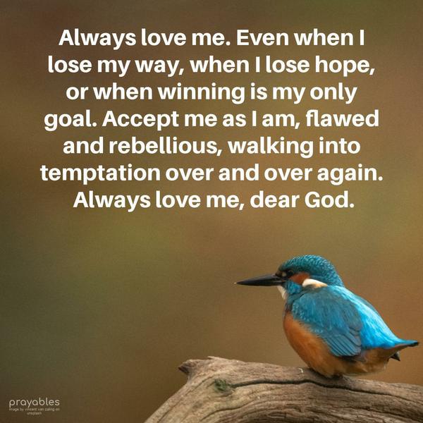 Always love me. Even when I lose my way, when I lose hope, or when winning is my only goal. Accept me as I am, flawed and rebellious, walking into temptation over and over again. Always
love me, dear God.