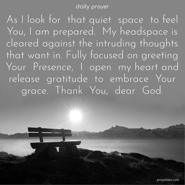 As I look for that quiet space to feel You, I am prepared. My headspace is cleared against the intruding thoughts that want in. Fully focused on greeting Your Presence, I open my heart and release gratitude to embrace Your grace. Thank You, dear God.