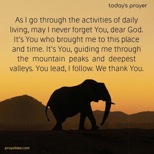 As I go through the activities of daily living, may I never forget You, dear God. It’s You who brought me to this place and time. It’s You, guiding me through the mountain peaks and deepest valleys. You lead, I follow. We thank You.