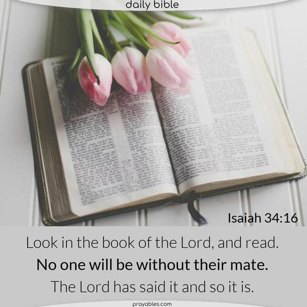 Look in the book of the Lord, and read: Not one of these will be missing. None will be without its mate. For the Lord has said so, it is true. Isaiah 34:16
