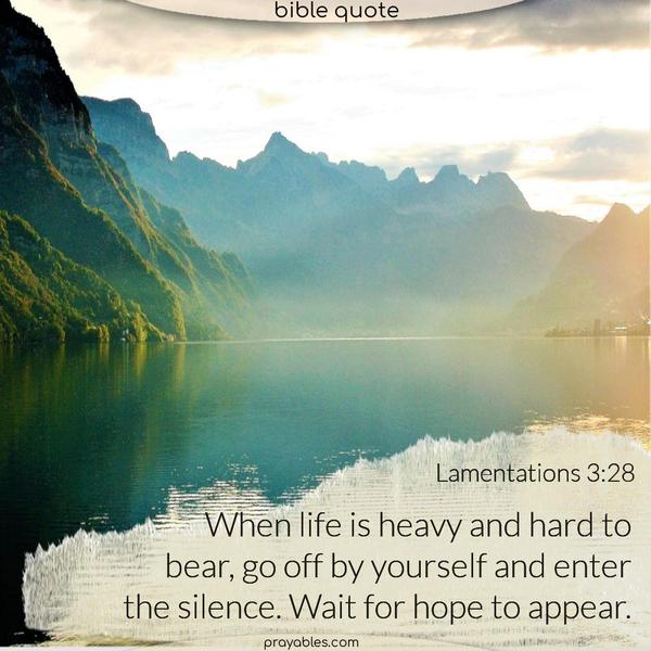 When life is heavy and hard to bear, go off by yourself and enter the silence. Wait for hope to appear. Lamentations 3:28