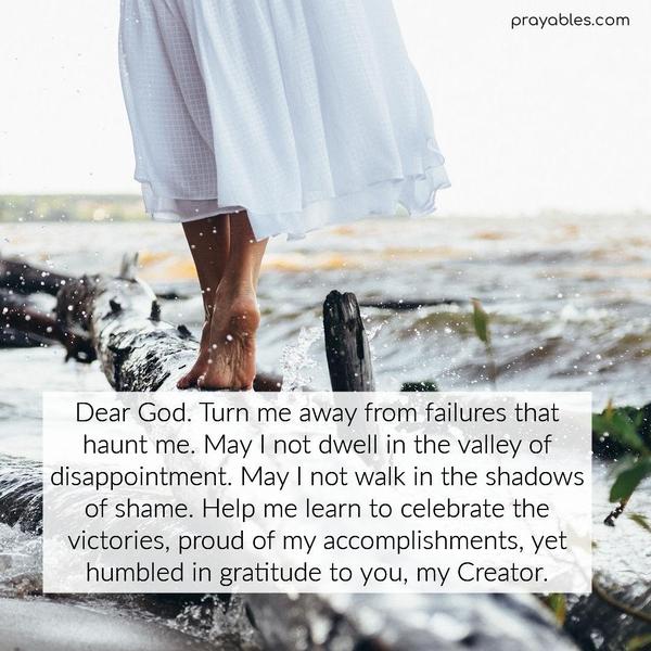 Dear God. Turn me away from failures that haunt me. May I not dwell in the valley of disappointment. May I not walk in the shadows of shame.
Help me learn to celebrate the victories, proud of my accomplishments, yet humbled in gratitude to you, my Creator.