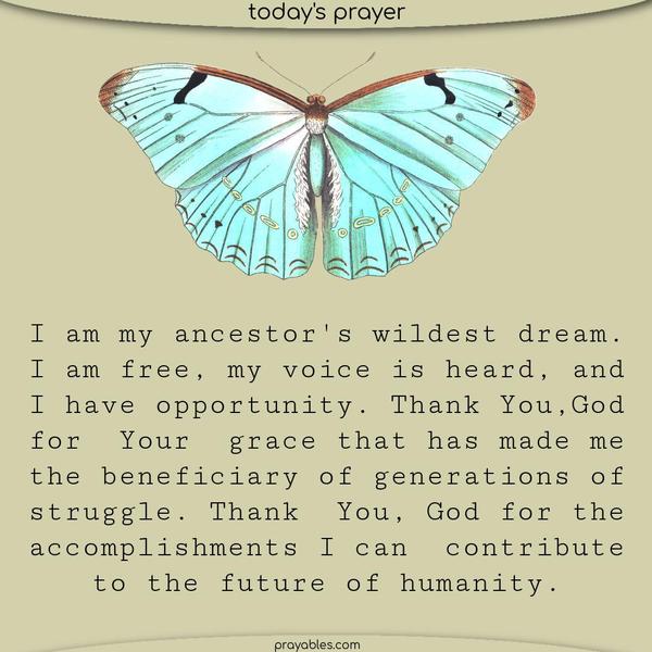 I am my ancestor’s wildest dream. I am free, my voice is heard, and I have opportunity. Thank You, God, for Your grace that has made me the beneficiary of generations of struggle. Thank You, God, for the accomplishments I can contribute to the future of humanity.